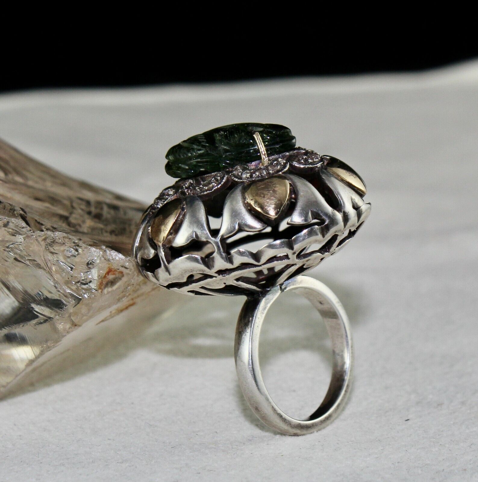 Antique Green Tourmaline Carved Diamond 18k Gold Silver Cocktail Victorian Ring