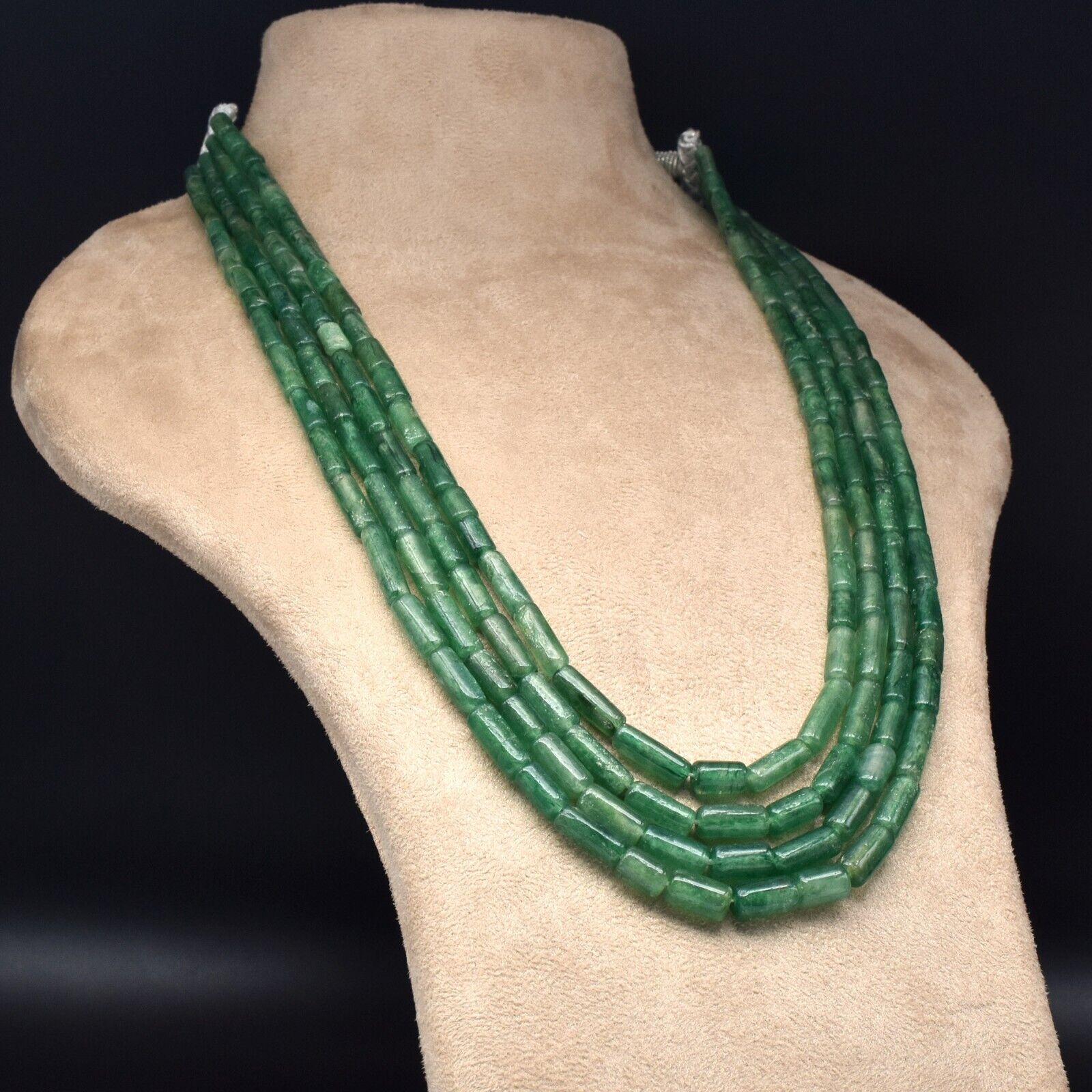 Natural Green Quartz Aventurine Tube beads Necklace 4 L 569 Ct Vintage Gemstone