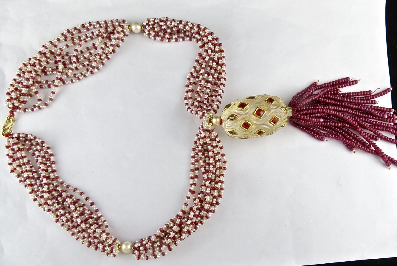 ANTIQUE NATURAL ROCK CRYSTAL QUARTZ 22K GOLD RUBY PEARL BEADS IMPORTANT NECKLACE