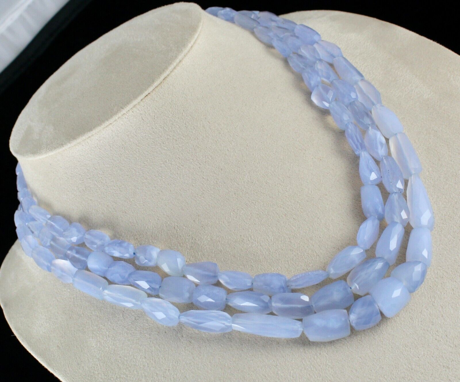 NATURAL BLUE CHALCEDONY BEADS FACETED TUMBLE 3 LINE 569 CARATS GEMSTONE NECKLACE