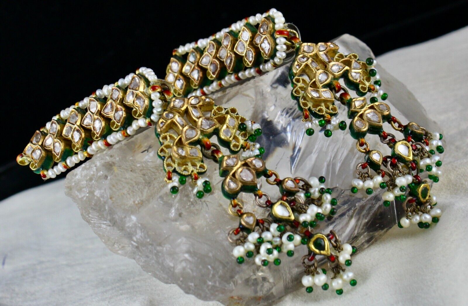 Antique Diamond Pearl 22K Gold Jadau Kundan Meena Ladies Peacock Dangle Earring