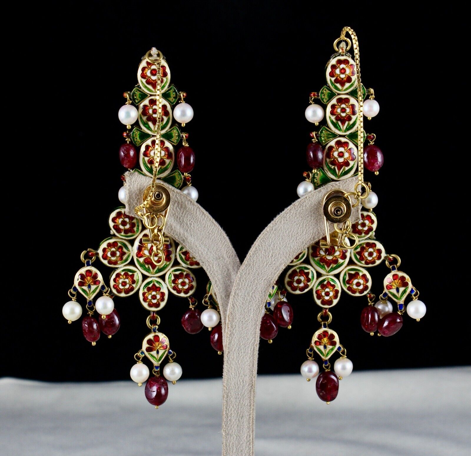 Antique Diamond Spinel Pearl 22K Gold Jadau Kundan Meena Ladies Dangle Earring