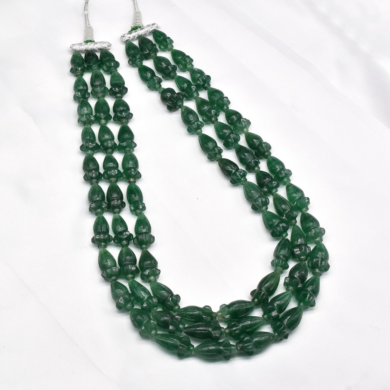 Natural Green Quartz Engraved Beaded Necklace 3 Line 1059 Ct Old Carved Gemstone