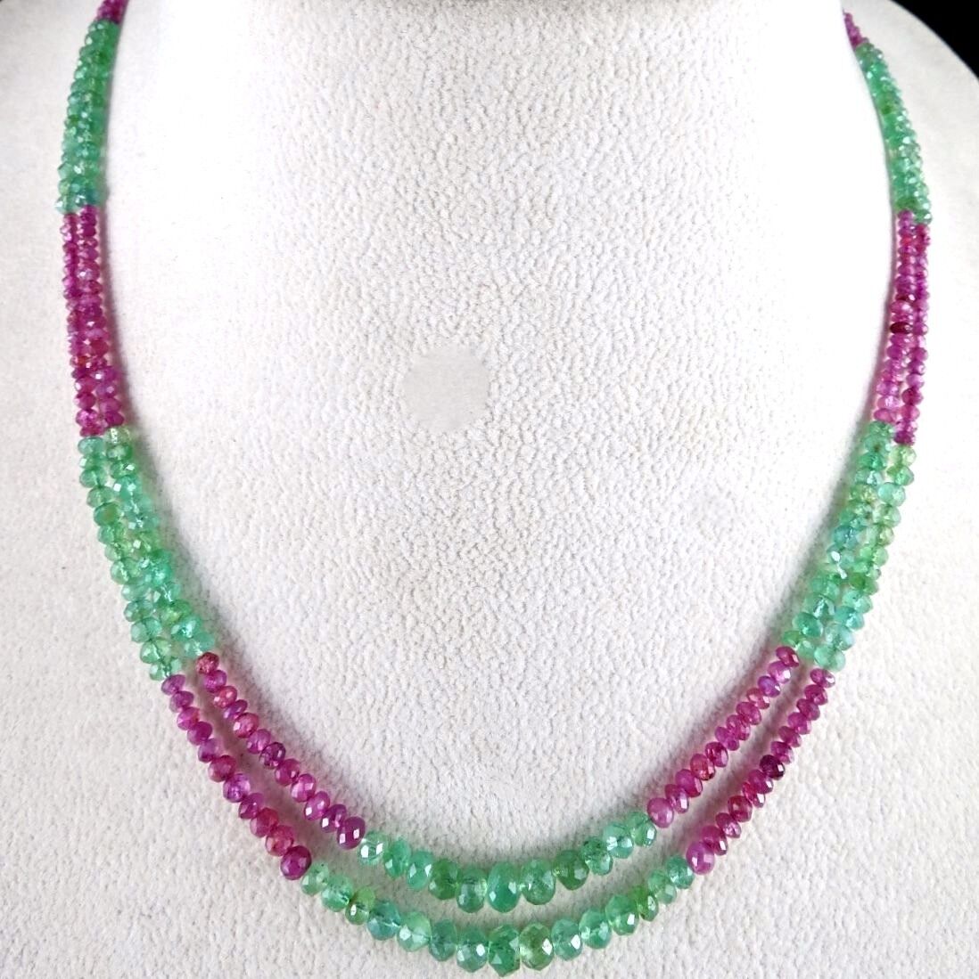 NATURAL COLOMBIAN EMERALD RUBY BEADS FACETED 2 LINE 89 CARATS GEMSTONE NECKLACE