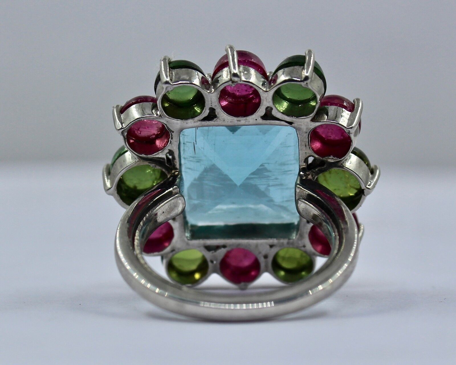 NATURAL AQUAMARINE SQUARE CUT MULTI TOURMALINE CABOCHON LADIES RING IN SILVER 