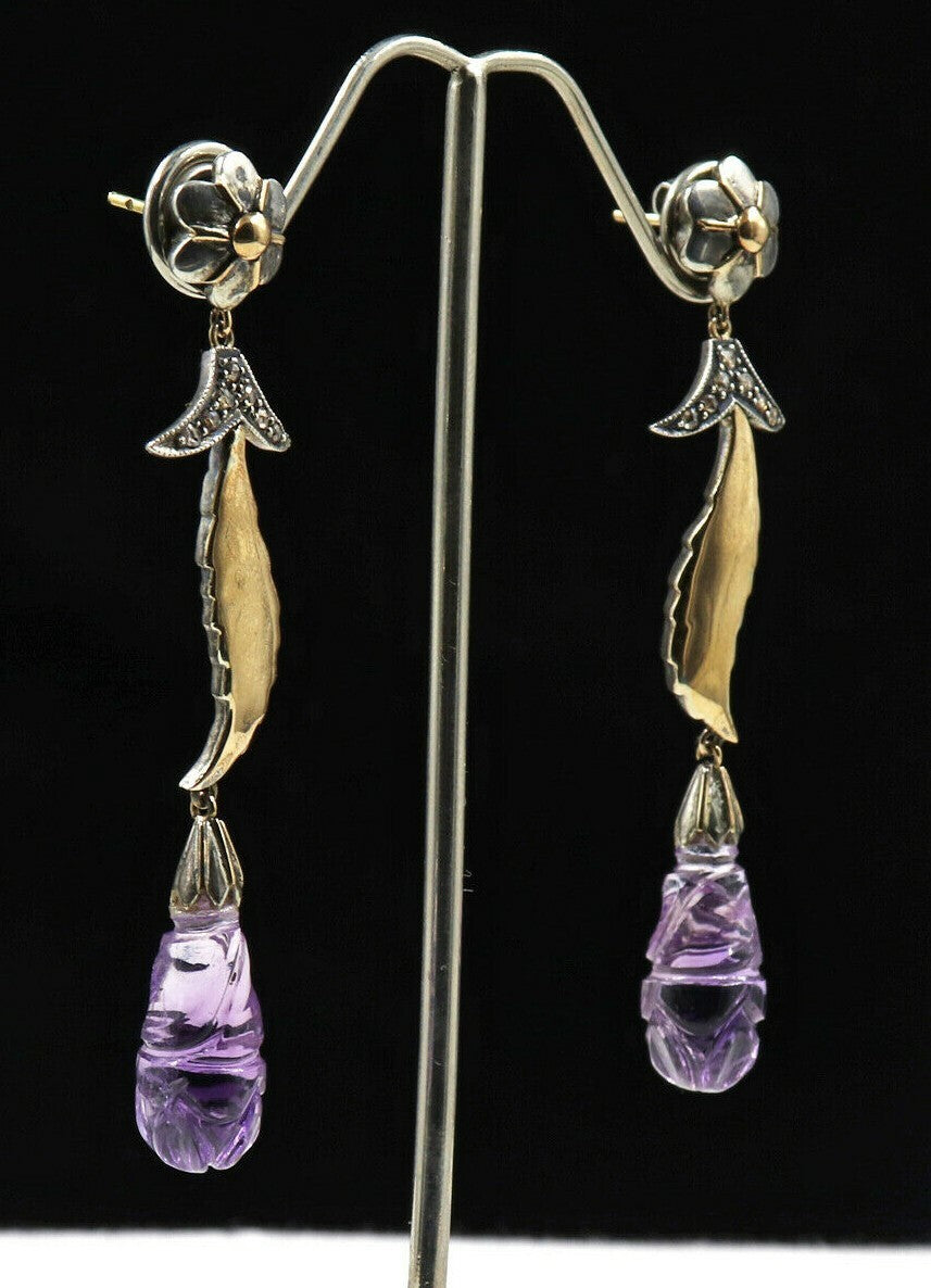Victorian 18k Gold & 925 Sterling Silver Amethyst 10ct Natural Diamond Earring