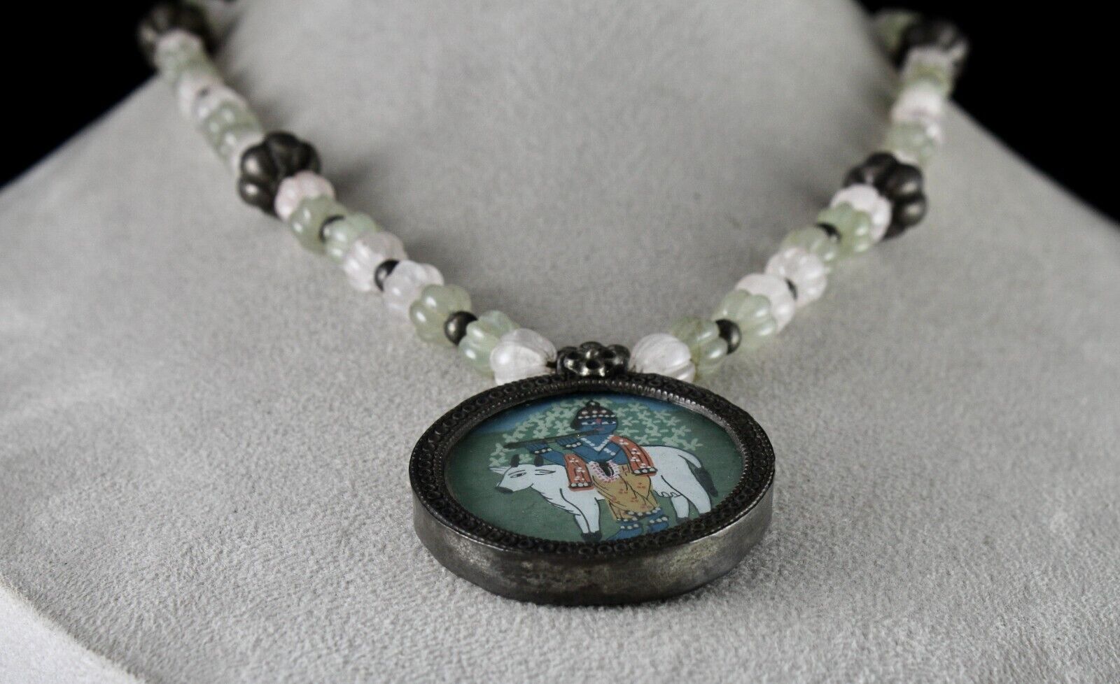 Old Krishna Painting Silver Pendant Rose Quartz Jade Carved Stone Beads Necklace