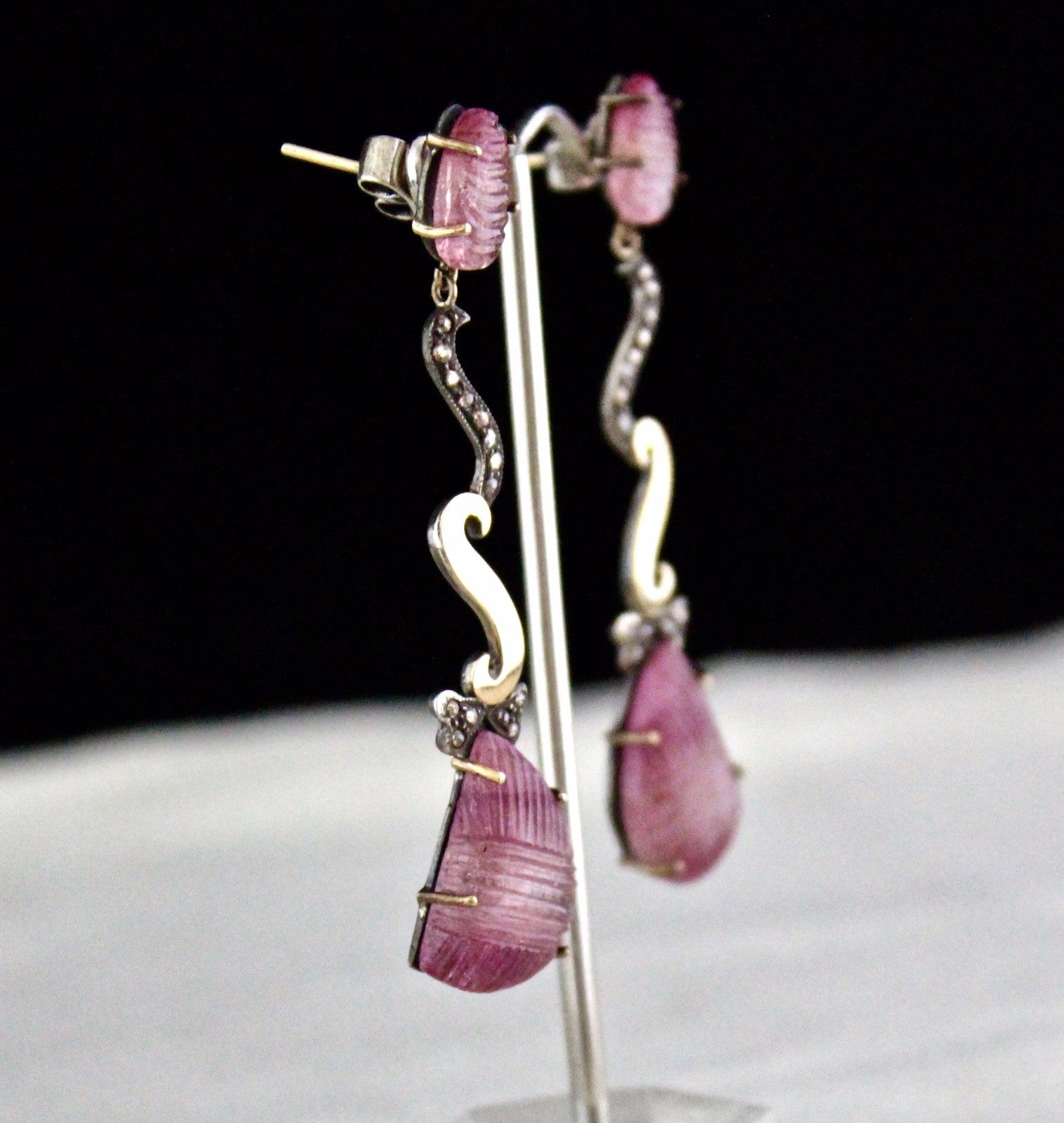 Victorian Pink Tourmaline 10ct Natural Diamond 18k Gold Sterling Silver