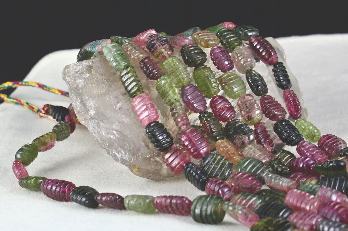 Natural Multi Colour Tourmaline Beads Carved Long 4L 1074 Ct Gemstone Necklace