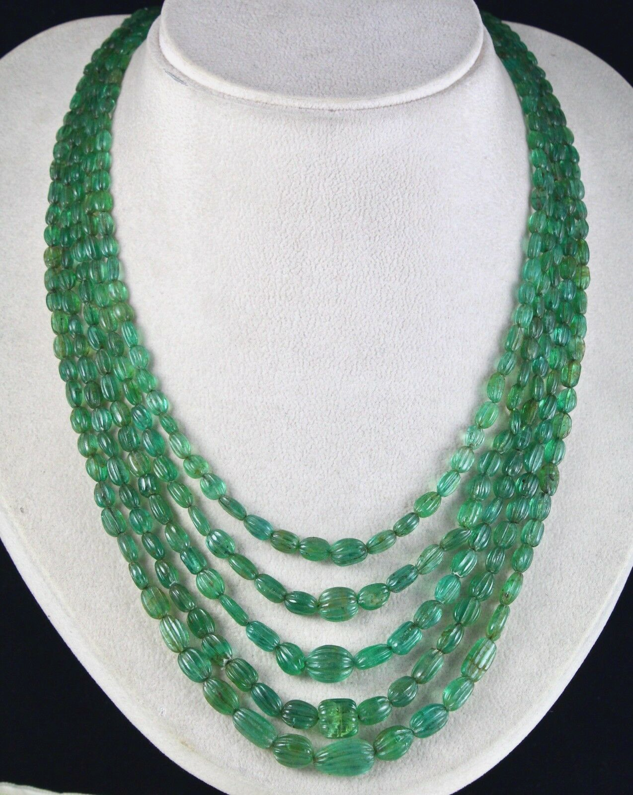 ANTIQUE NATURAL ZAMBIAN EMERALD BEADS CARVED 5 LINE 356 CARATS GEMSTONE NECKLACE