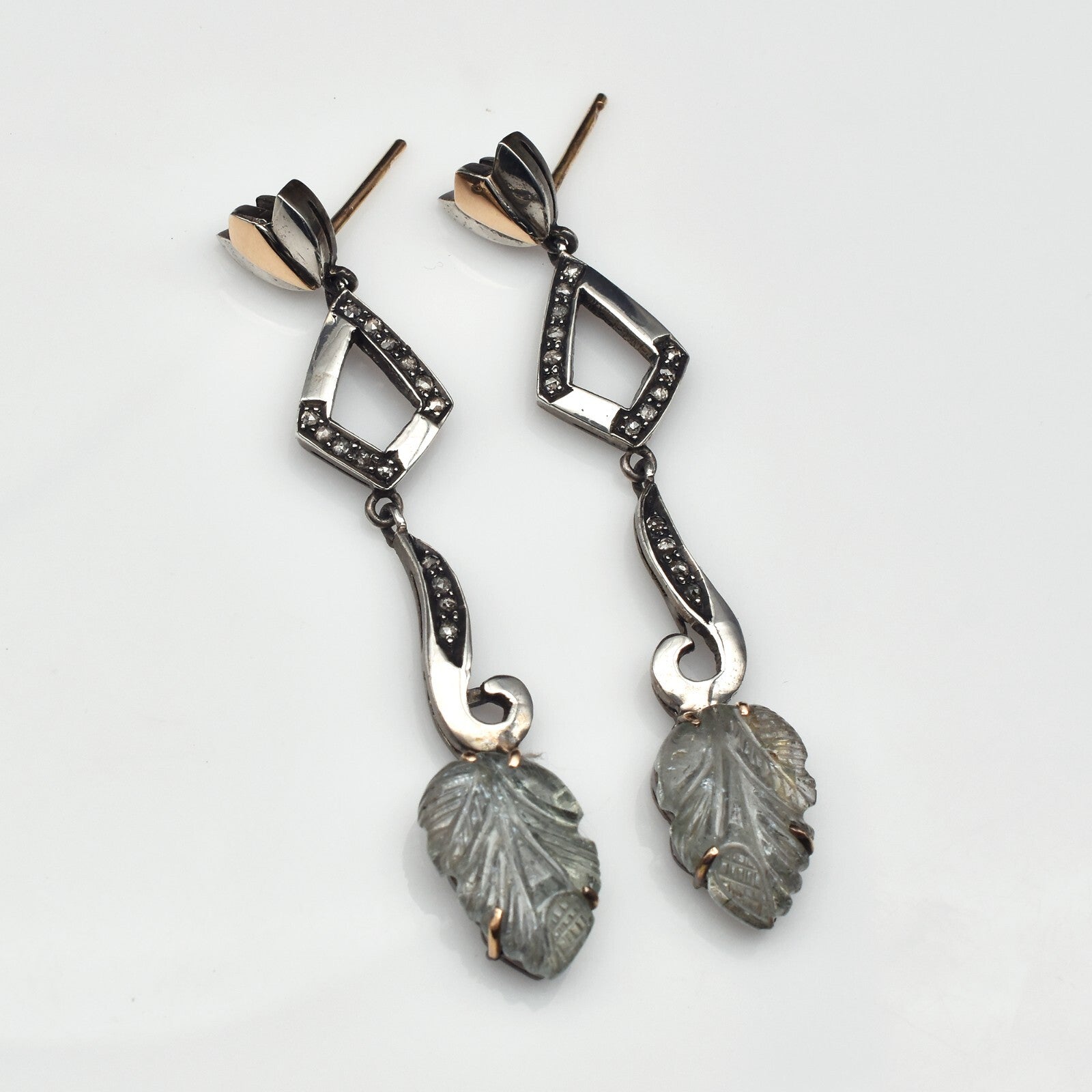 Natural Blue Tourmaline 10ct Carved Natural Diamond 18k Gold 925 Silver Earrings