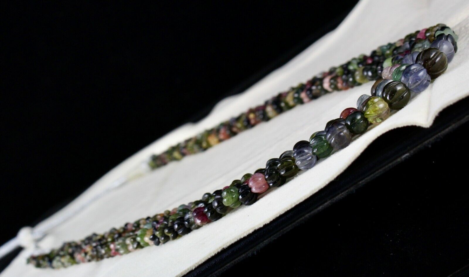 NATURAL MULTI TOURMALINE BEADS CARVED MELON 3 LINE 390 CARATS GEMSTONE NECKLACE