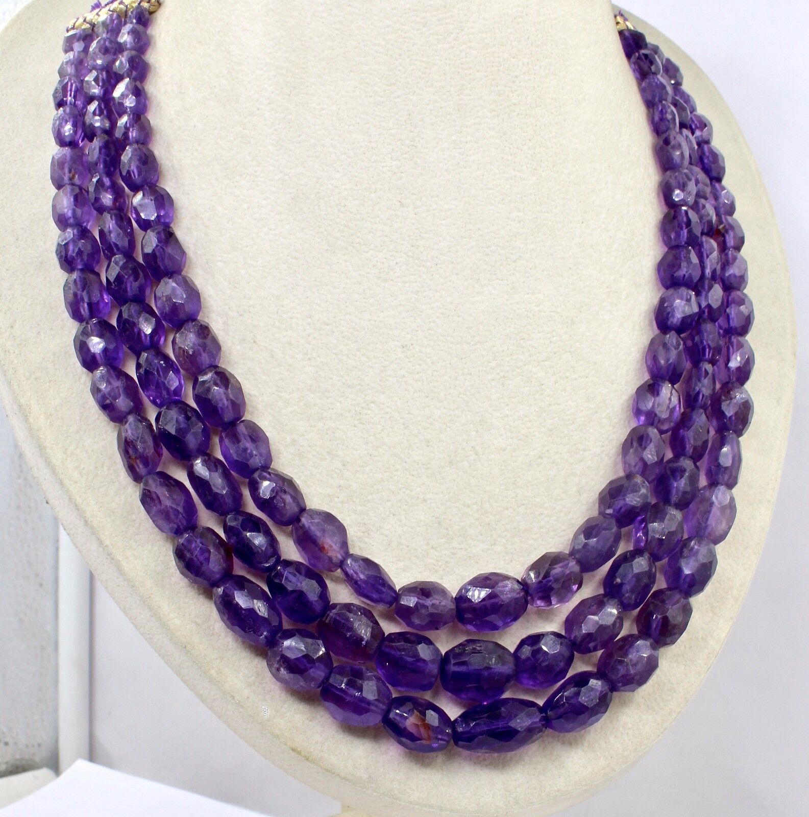 NATURAL AMETHYST BEADS FACETED OVAL CABOCHON 3 LINE 712 CTS GEMSTONE NECKLACE