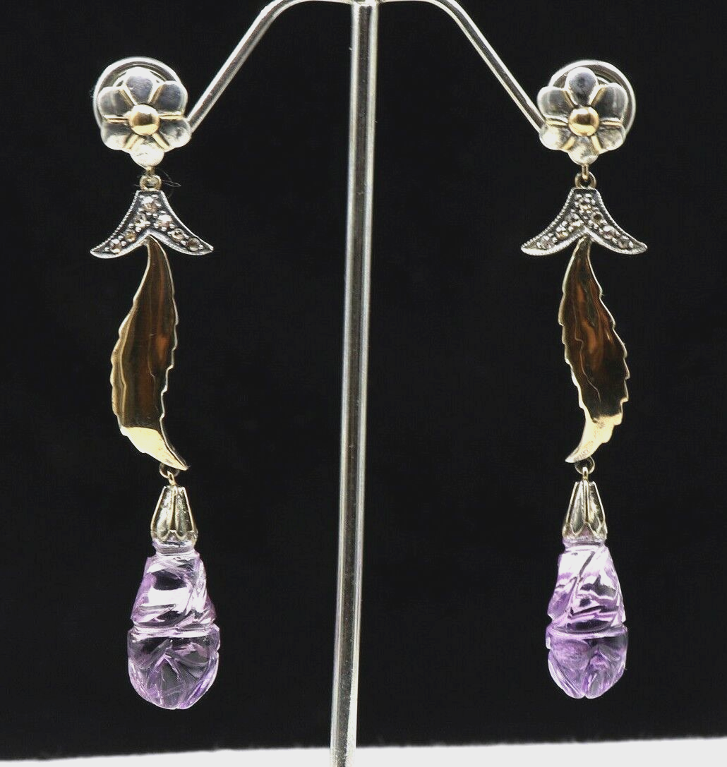 Victorian 18k Gold & 925 Sterling Silver Amethyst 10ct Natural Diamond Earring