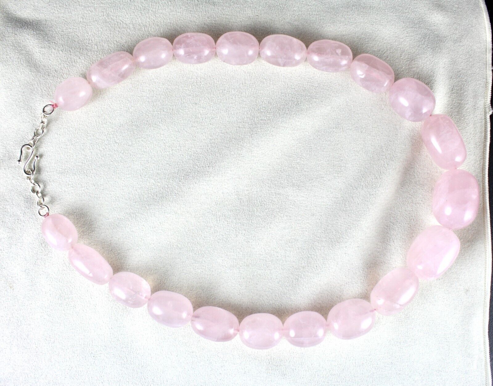 34MM NATURAL ROSE QUARTZ BEADS LONG CABOCHON 1642 CTS GEMSTONE SILVER NECKLACE