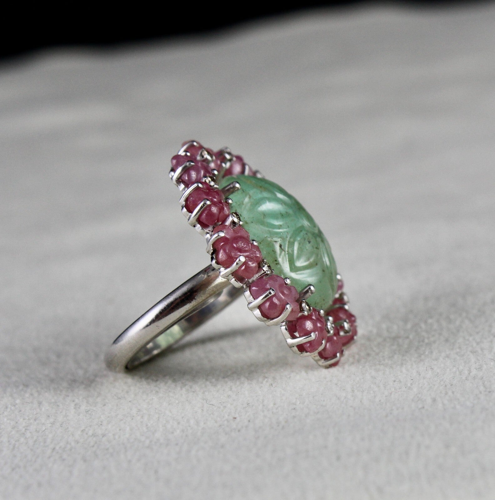 Certified Antique Emerald Ruby Carved 10ct Natural Diamond Sterling Silver Ring