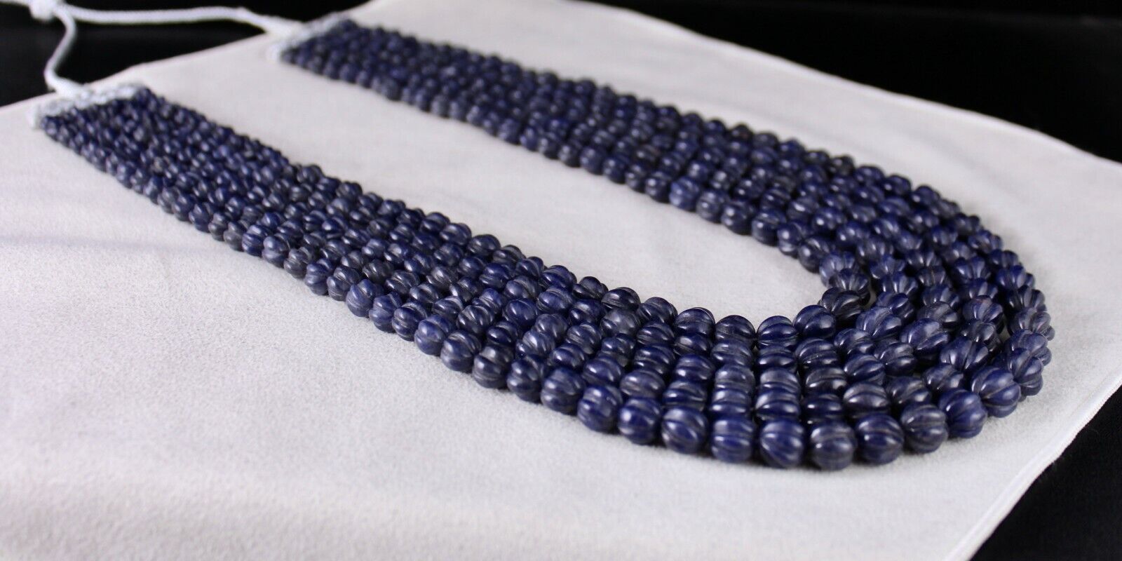 NATURAL BLUE JADE BEADS CARVED ROUND GEMSTONE 5 LINE 1217 CTS FASHION NECKLACE