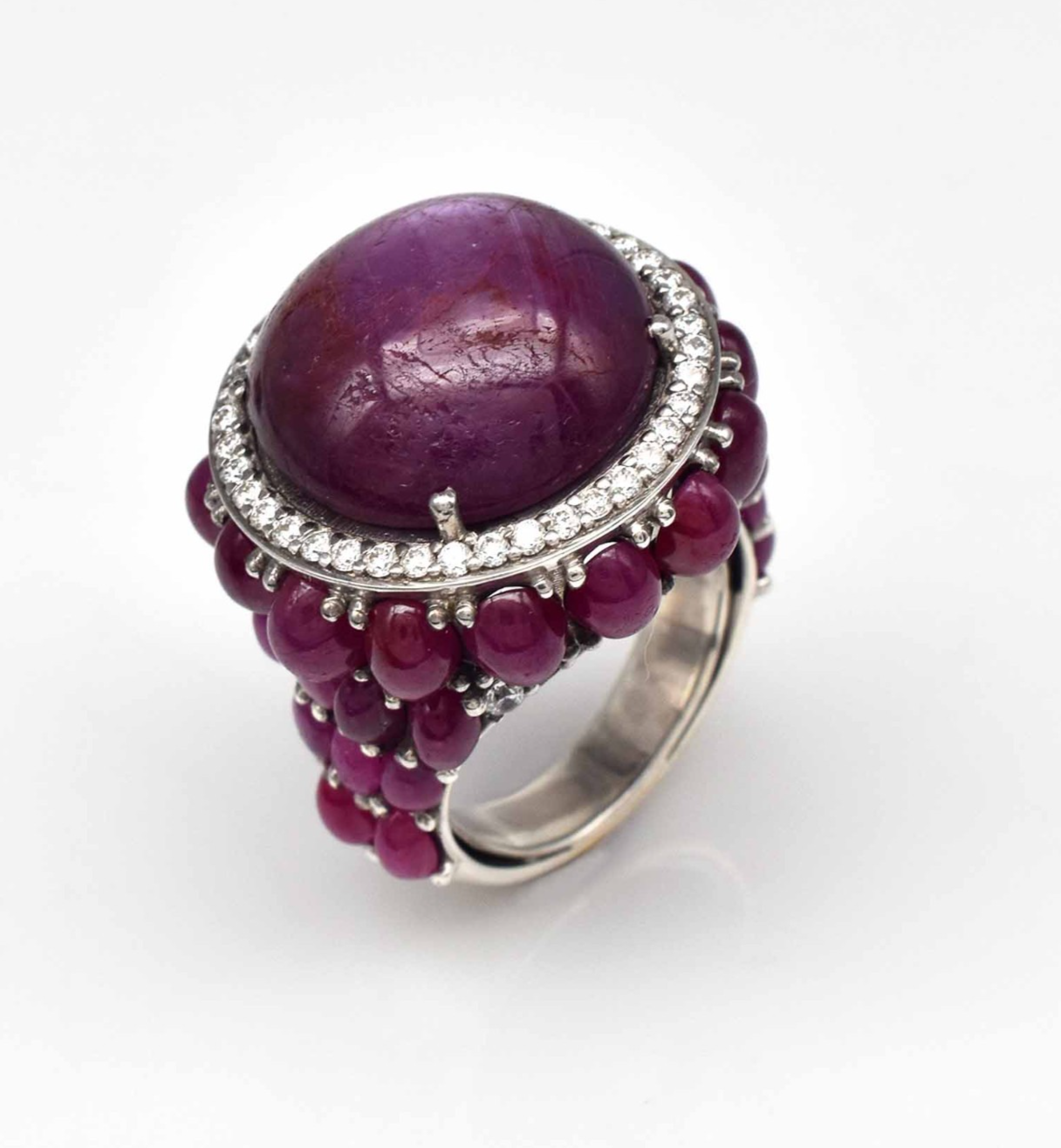 Natural Ruby Star Cabochon Cubic Zirconia Red Gemstone Silver Cocktail Ring