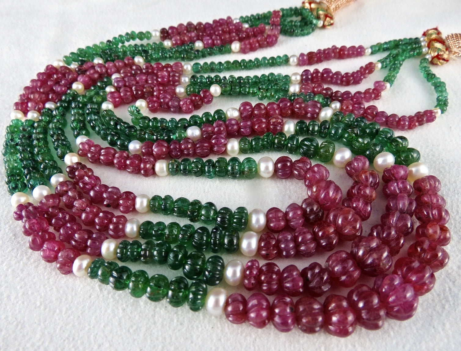 Certified Natural Ruby 368 Ct Emerald Melon Carved Pearl Antique Necklace