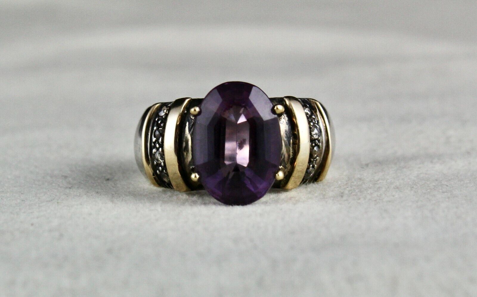 ANTIQUE NATURAL AMETHYST OVAL 18K GOLD DIAMOND SILVER VICTORIAN FINE UNISEX RING