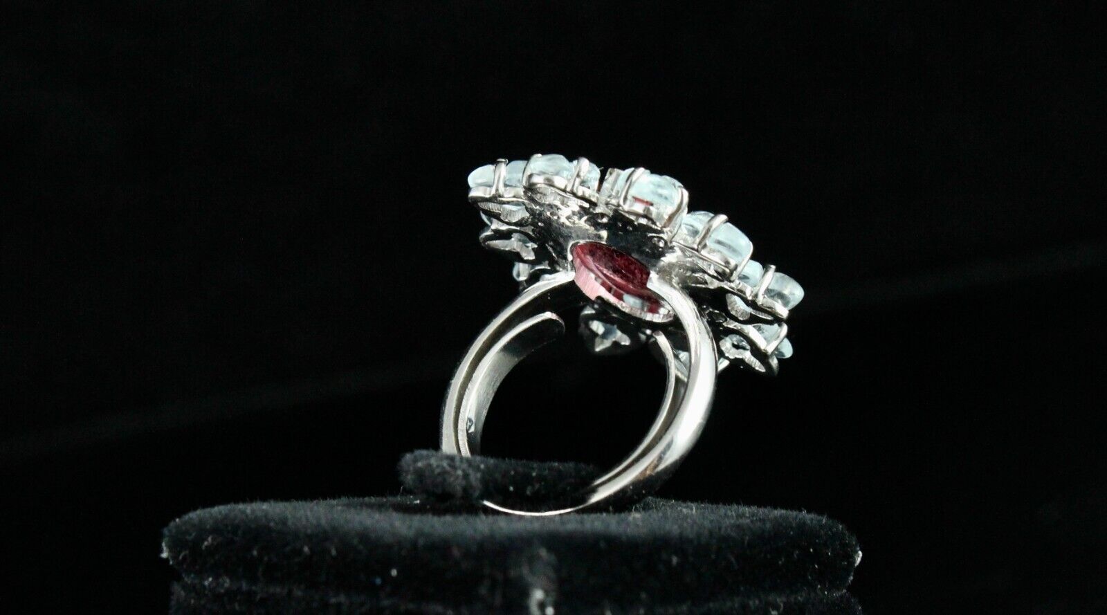 Antique Natural Pink Tourmaline Aquamarine Carved Gemstone Silver Victorian Ring