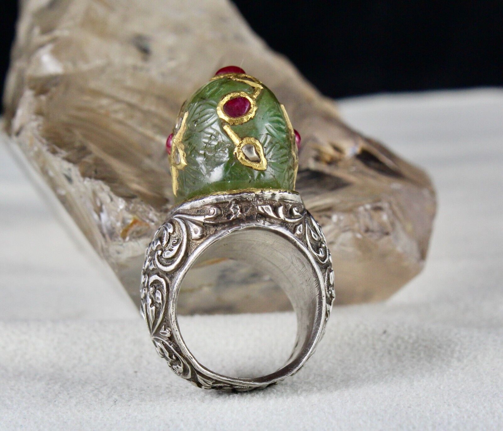 ANTIQUE COLOMBIAN EMERALD CARVED RUBY DIAMOND GOLD JADAU LADIES 925 SILVER RING