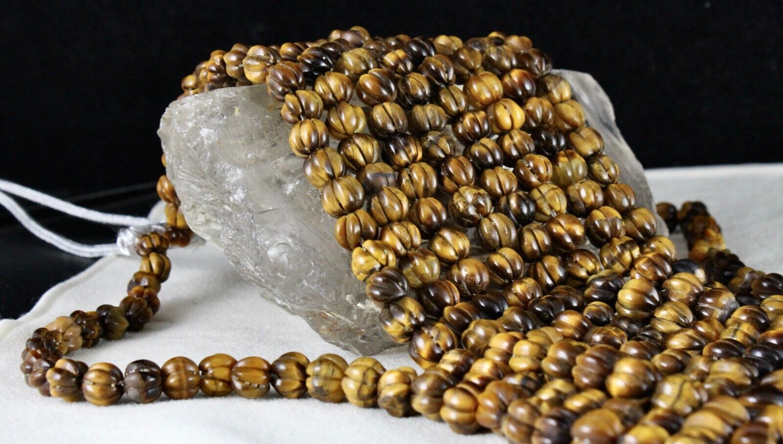 NATURAL TIGER EYE BEADS CARVED 5 LINE 1214 CTS GEMSTONE LADIES ANTIQUE NECKLACE