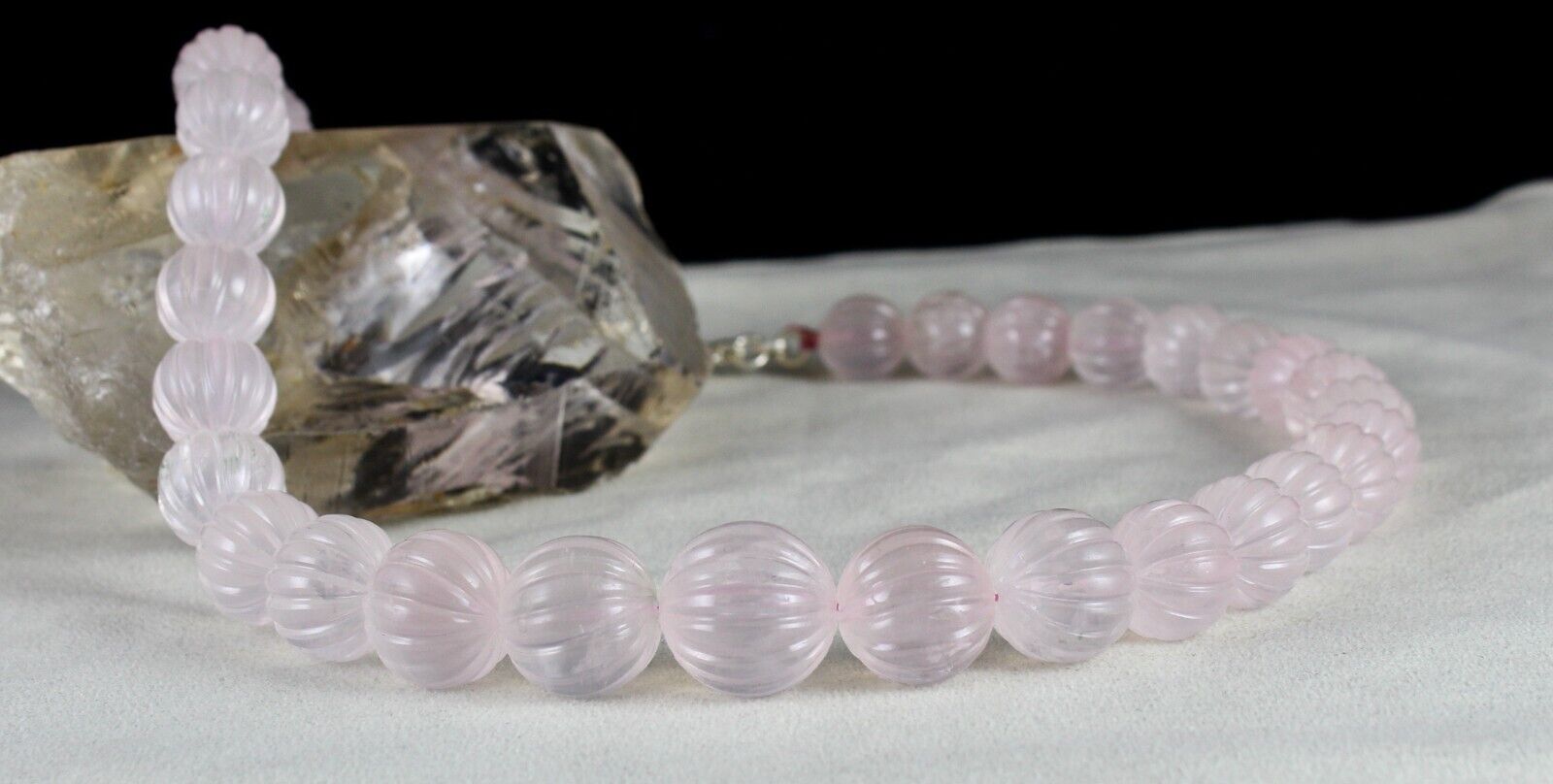 Rose Quartz Beaded Carved Necklace 1 L 813 Carats Natural Gemstone Silver clasp