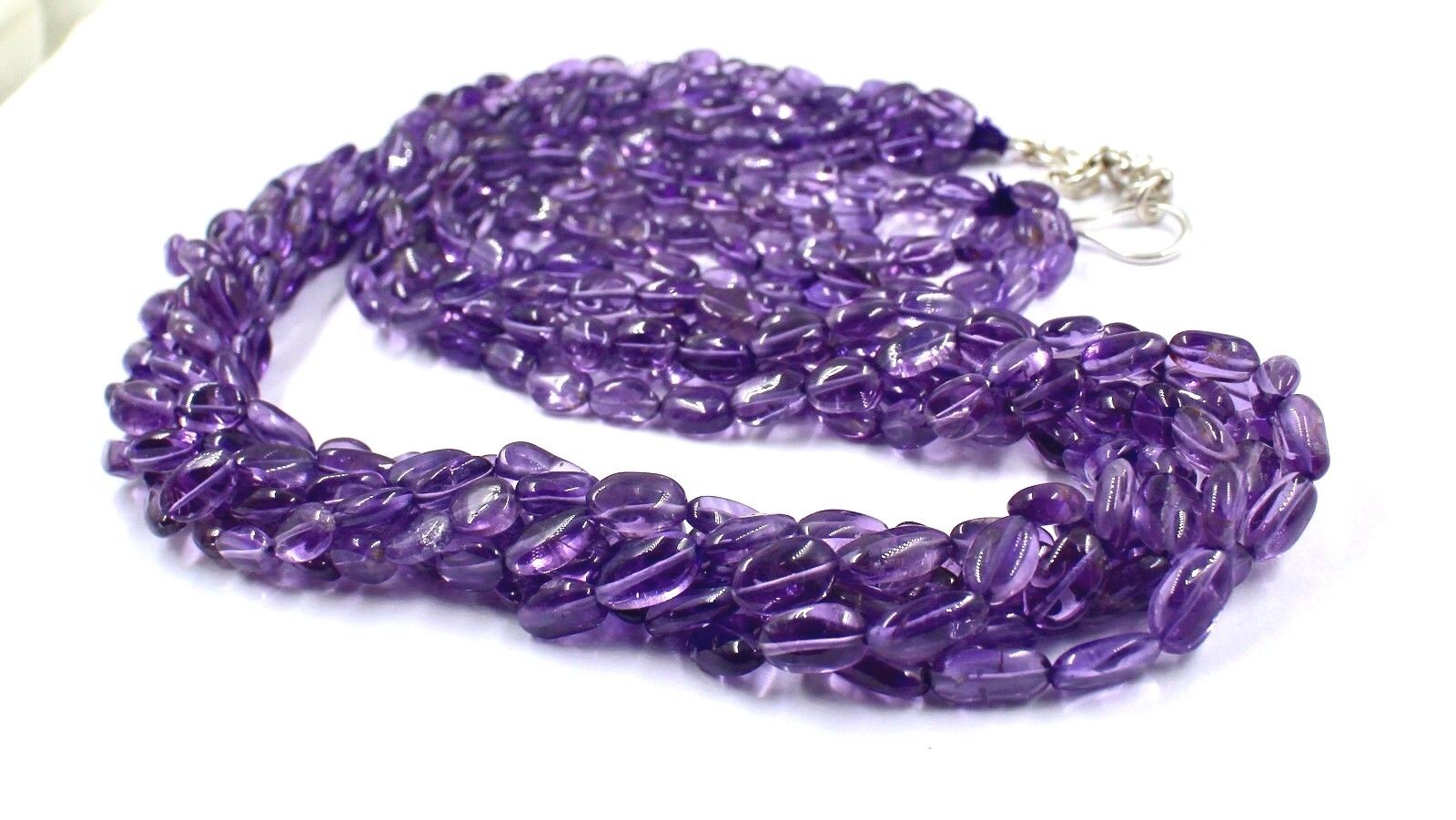 NATURAL AMETHYST BEADS CABOCHON 6 LINE 628 CTS GEMSTONE LADIES SILVER NECKLACE