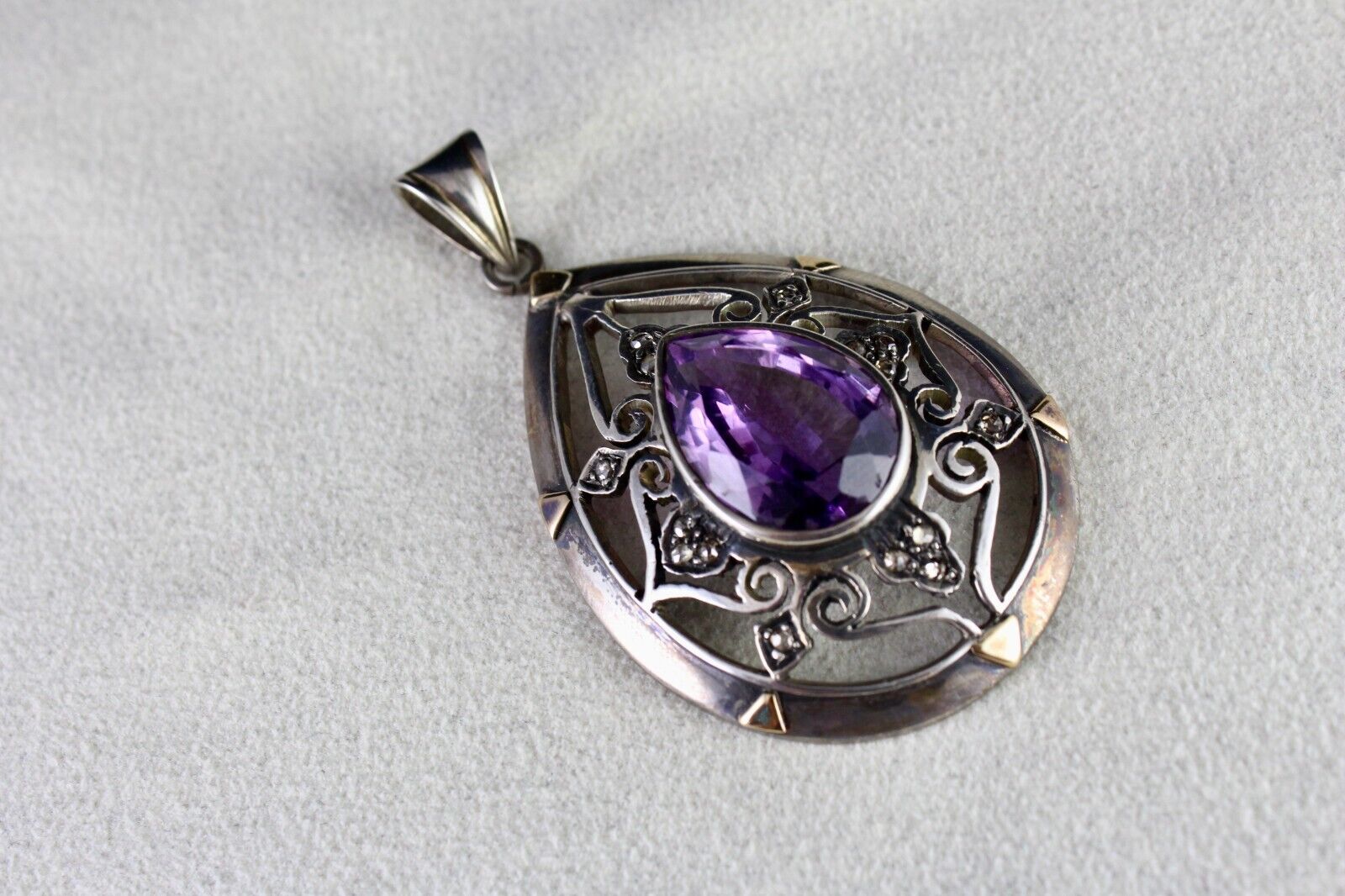 ANTIQUE NATURAL AMETHYST CUT DIAMOND VICTORIAN PENDANT IN 925 SILVER & GOLD