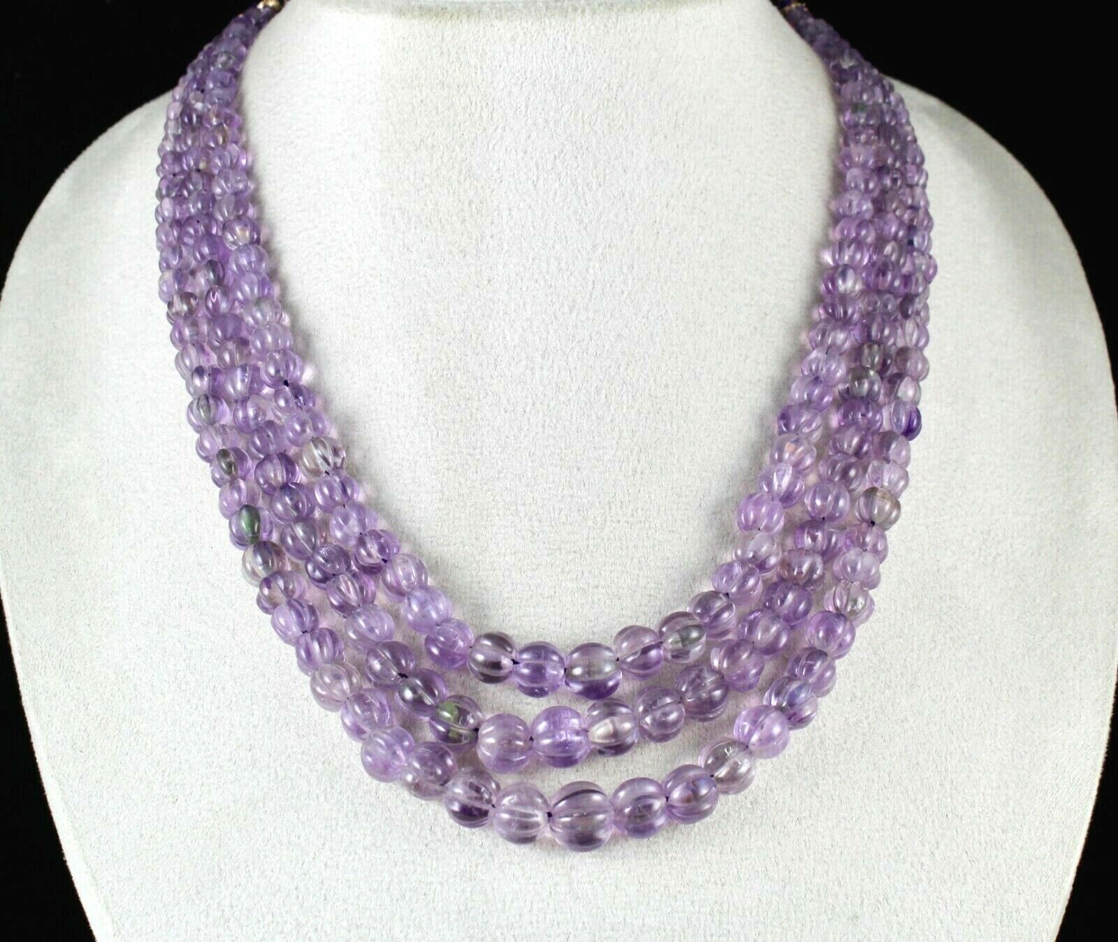 ANTIQUE NATURAL AMETHYST BEADS CARVED MELON 3 LINE 583 CARATS GEMSTONE NECKLACE