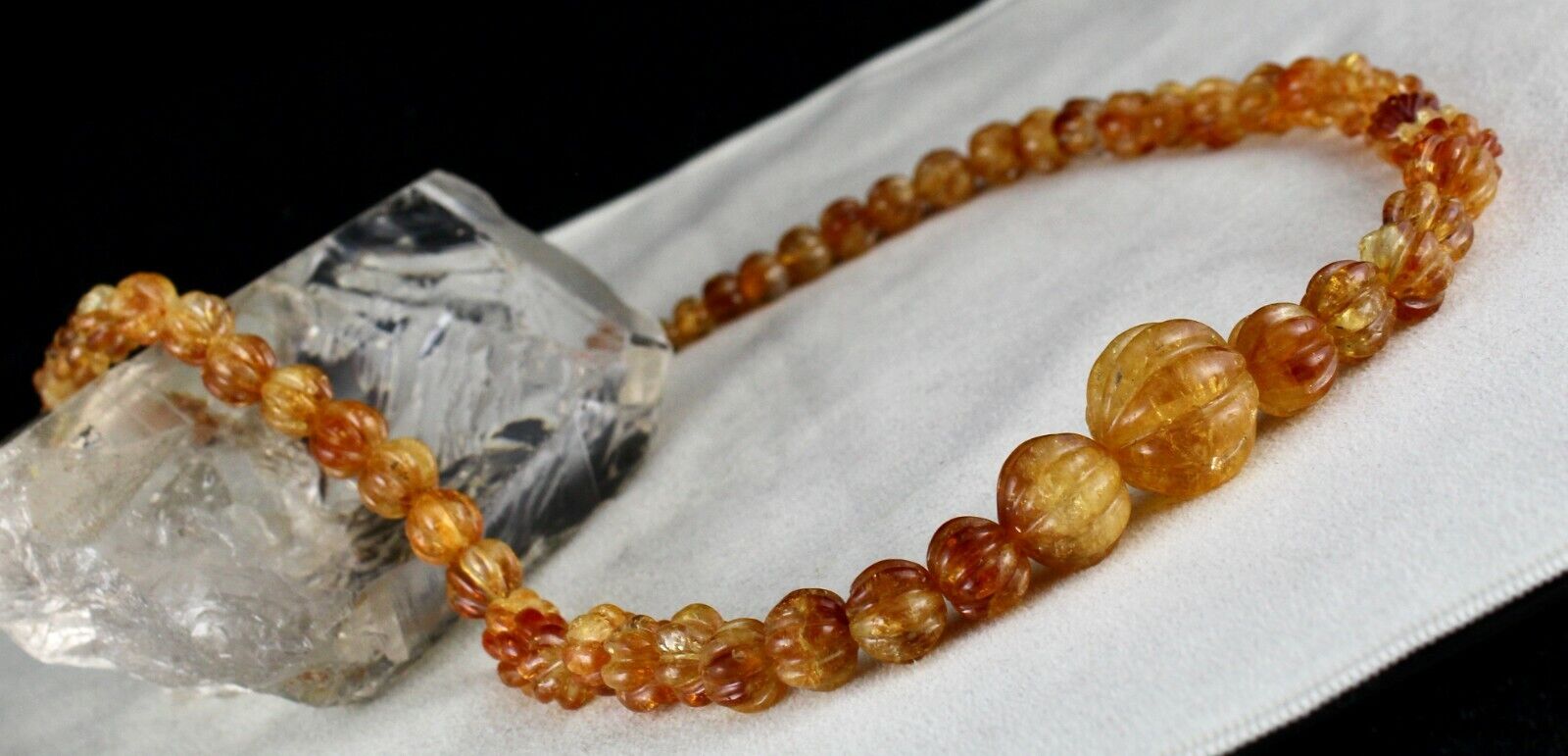 Natural Citrine Carved Beaded Necklace 390 Carats Round Gemstone Silver Clasp