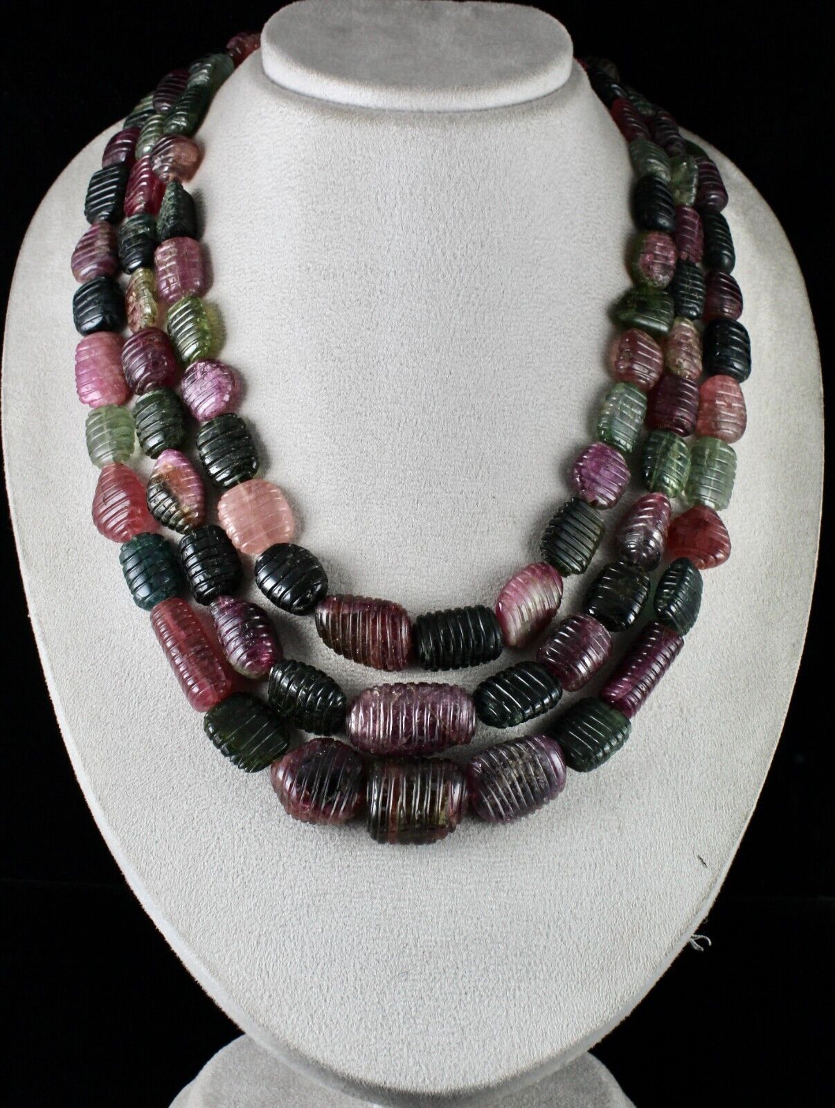 NATURAL MULTI TOURMALINE BEADS CARVED TUMBLE 3 LINE 1942 CTS GEMSTONE NECKLACE