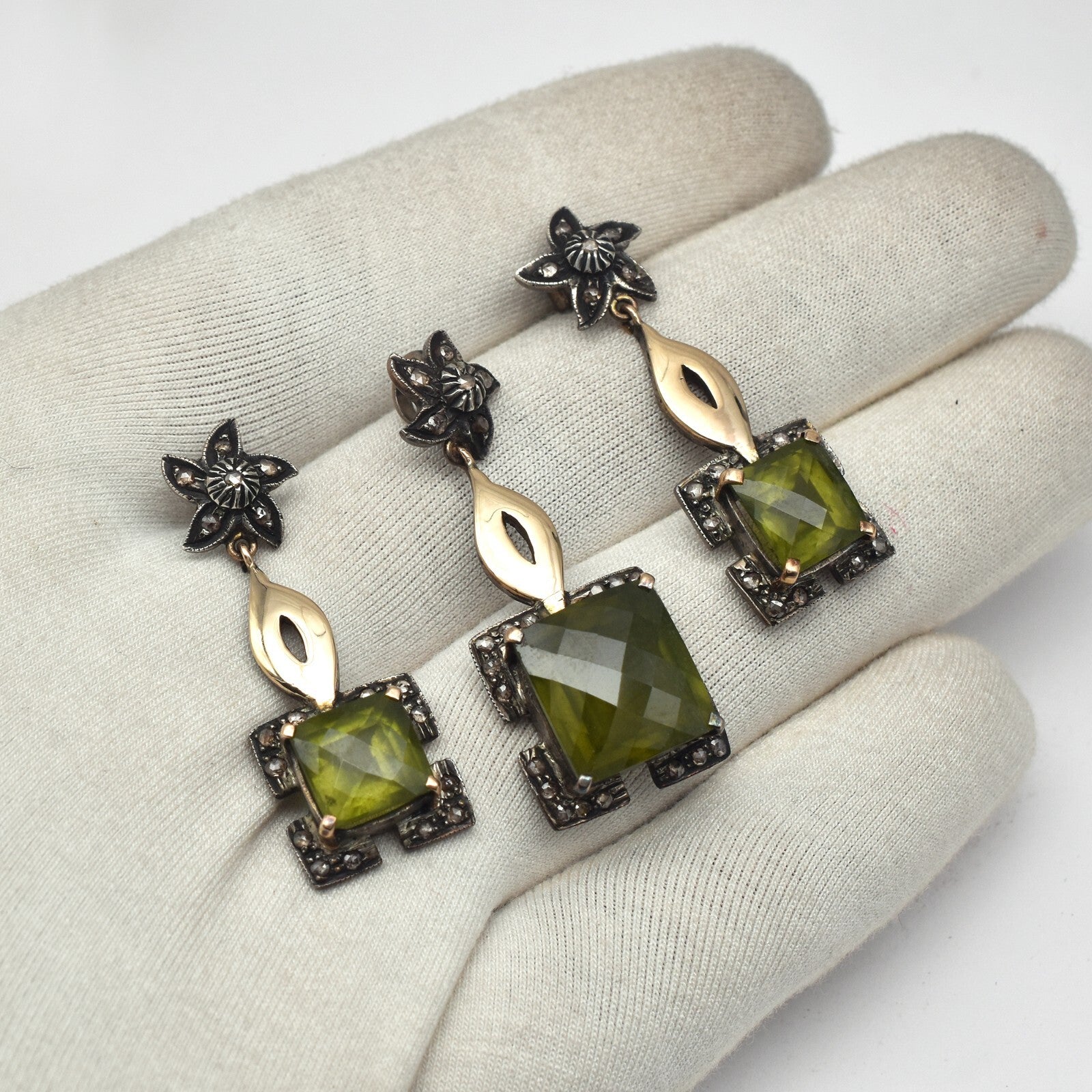 Certified Natural Green Vesuvianite Diamond 10ct Sterling Silver 18k Gold Set