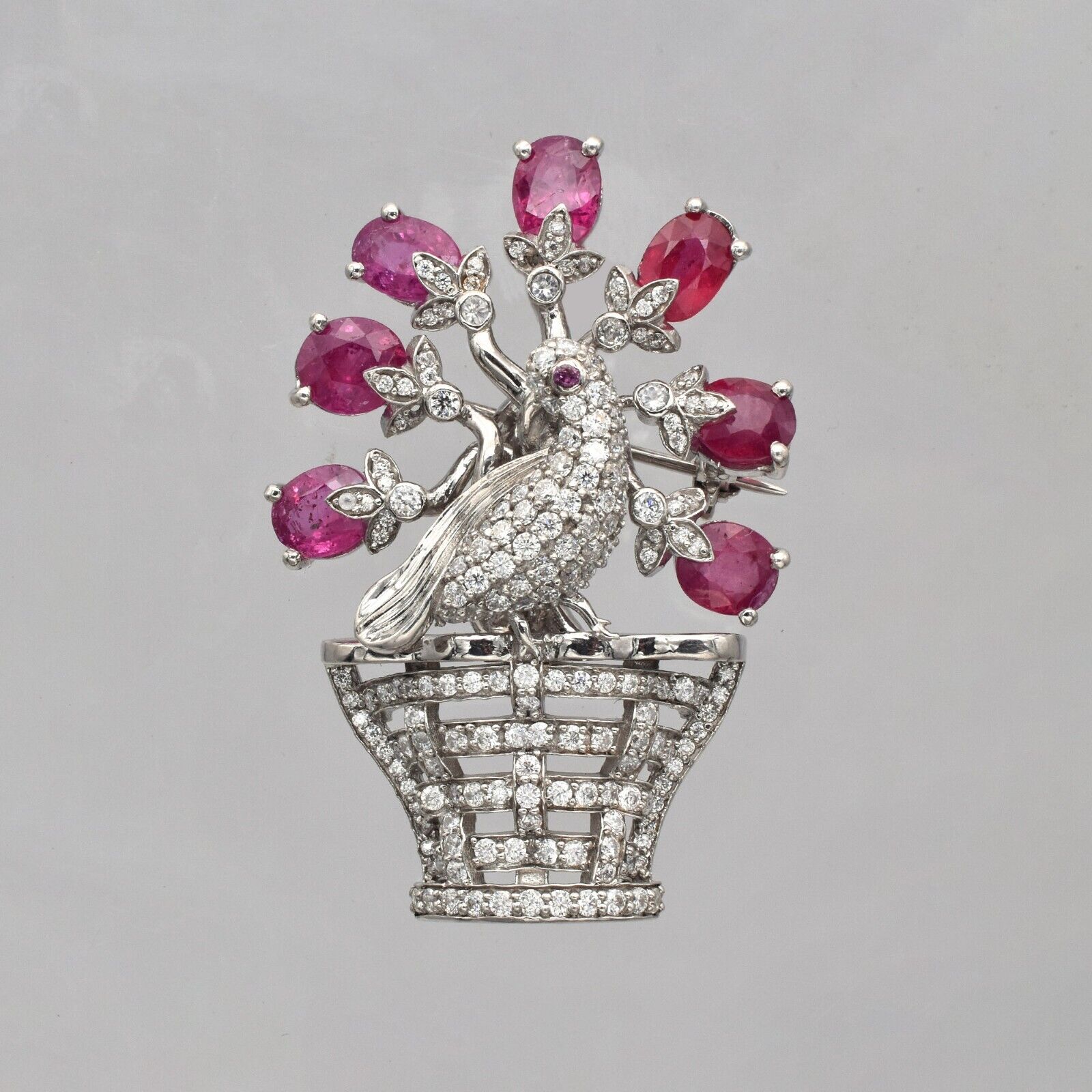 925 Silver Peacock Pendant Brooch Red Ruby Mossianite Gemstone/ gift for her