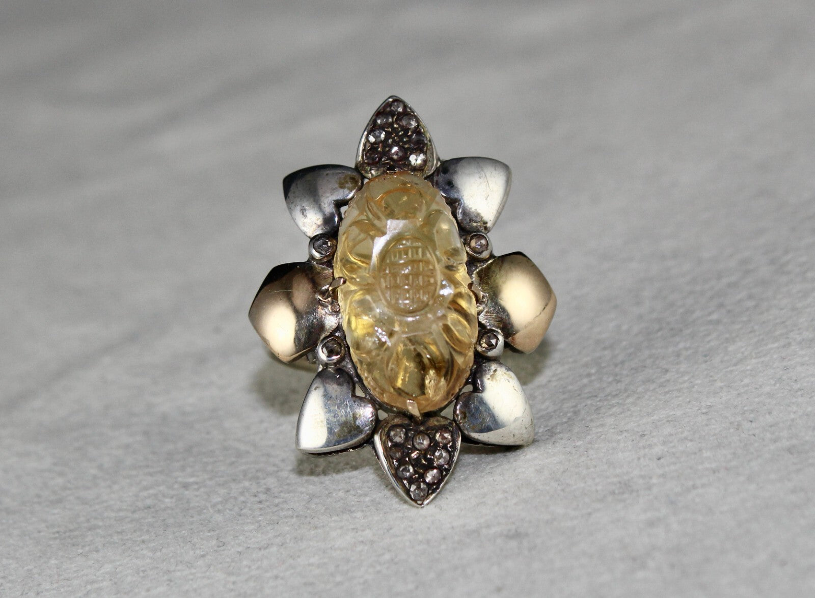 Antique Yellow Citrine 66.2ct Natural Diamond 18k Gold 925 Silver Victorian Ring