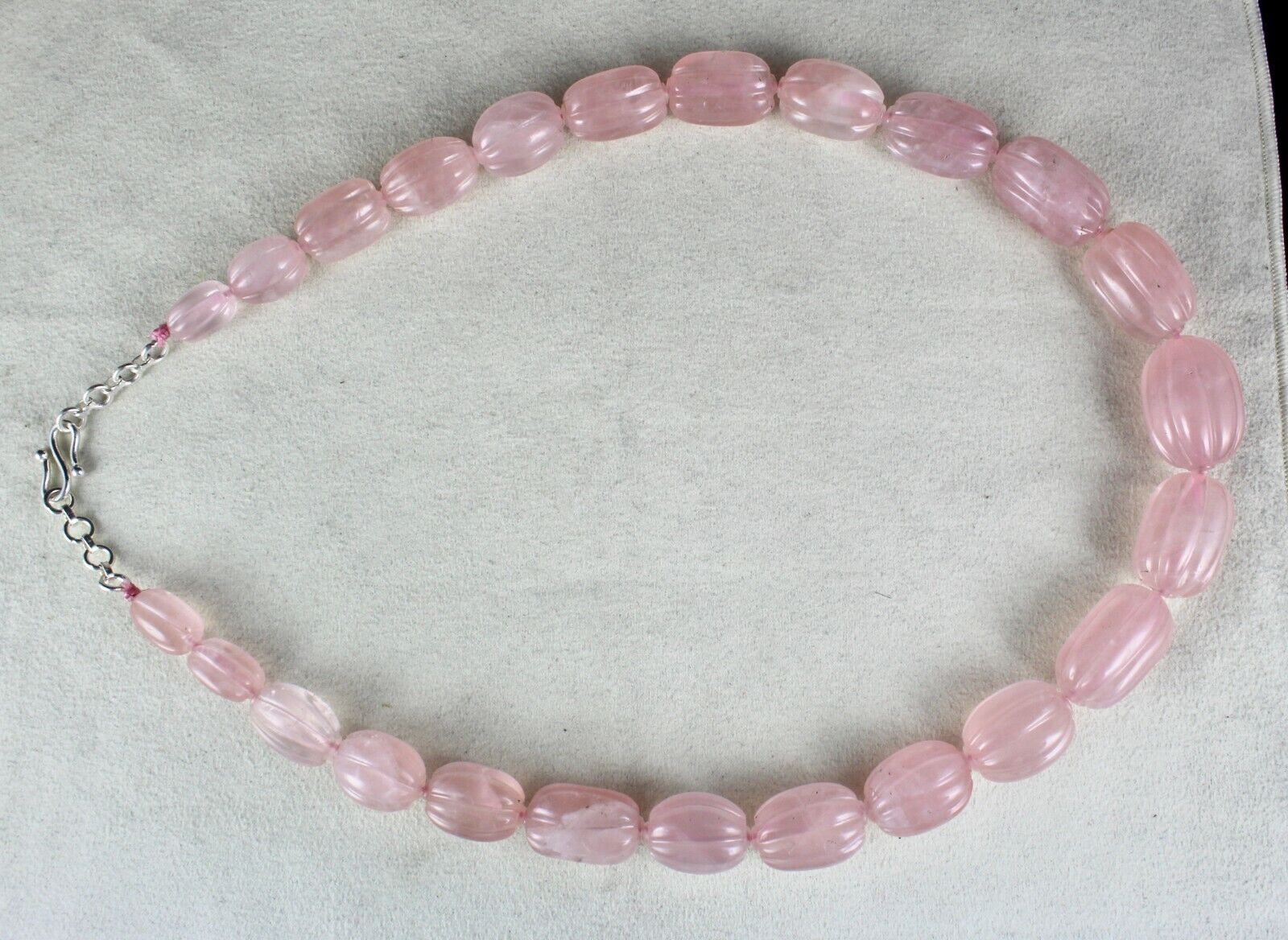 NATURAL ROSE QUARTZ MELON CARVED LONG BEADS 883 CARATS GEMSTONE SILVER NECKLACE