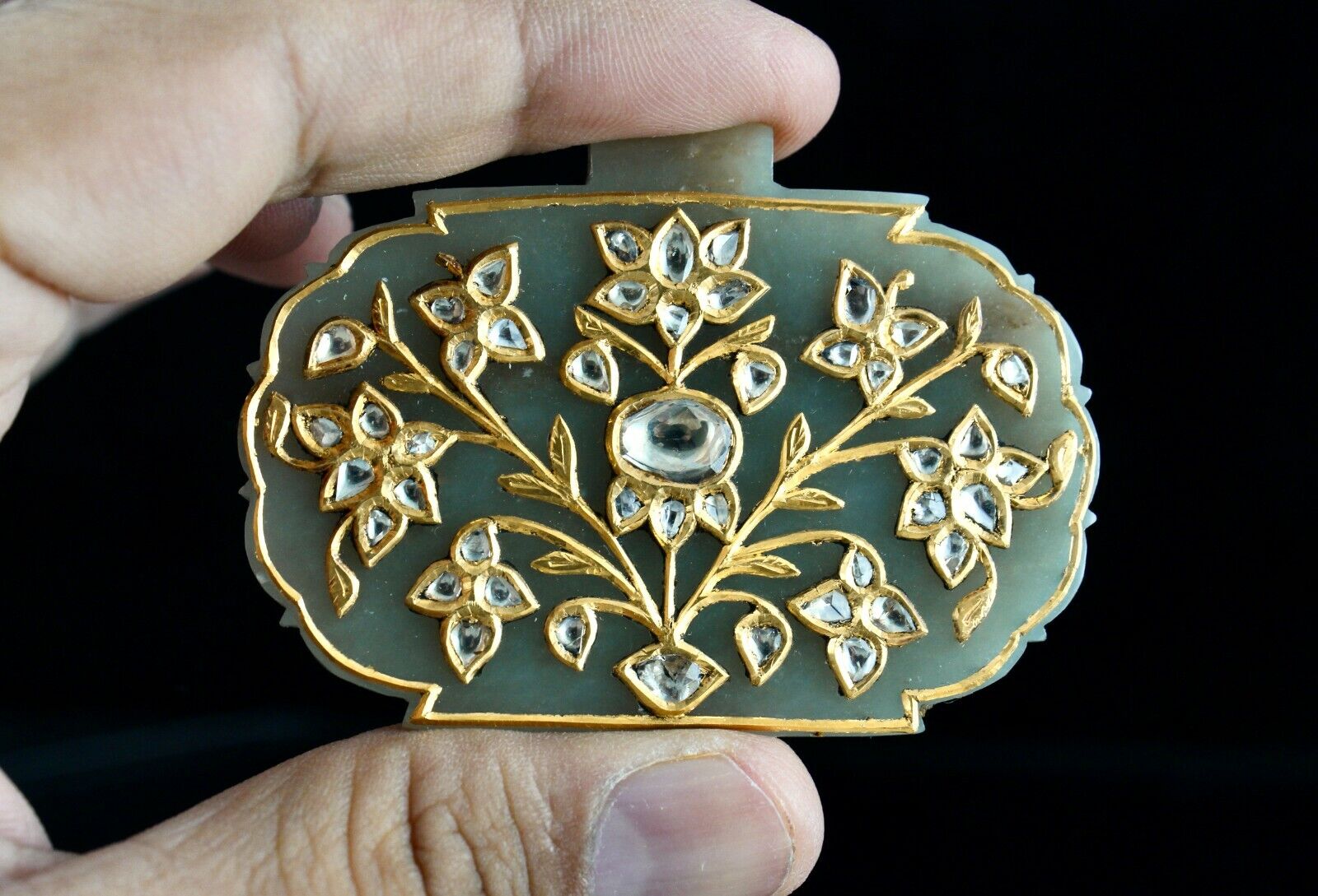 ANTIQUE OLD PERSIAN JADE TAKTI PENDANT STUDDED WITH DIAMOND IN 22K YELLOW GOLD