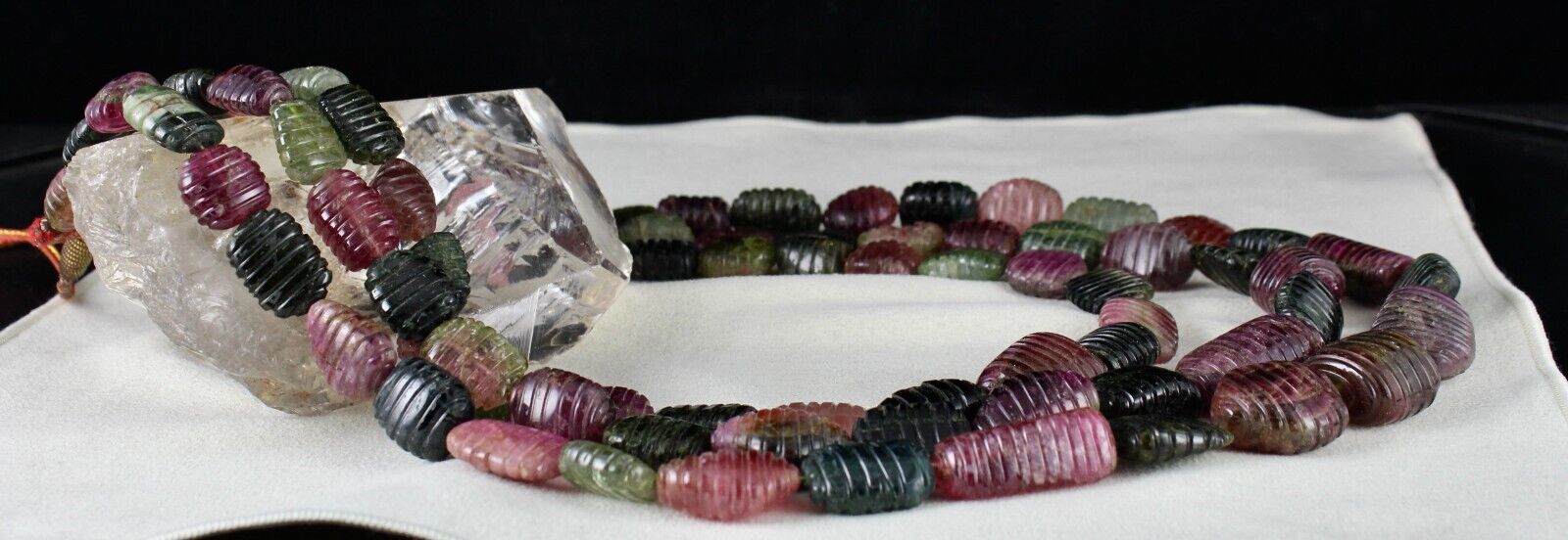 NATURAL MULTI TOURMALINE BEADS CARVED TUMBLE 3 LINE 1942 CTS GEMSTONE NECKLACE