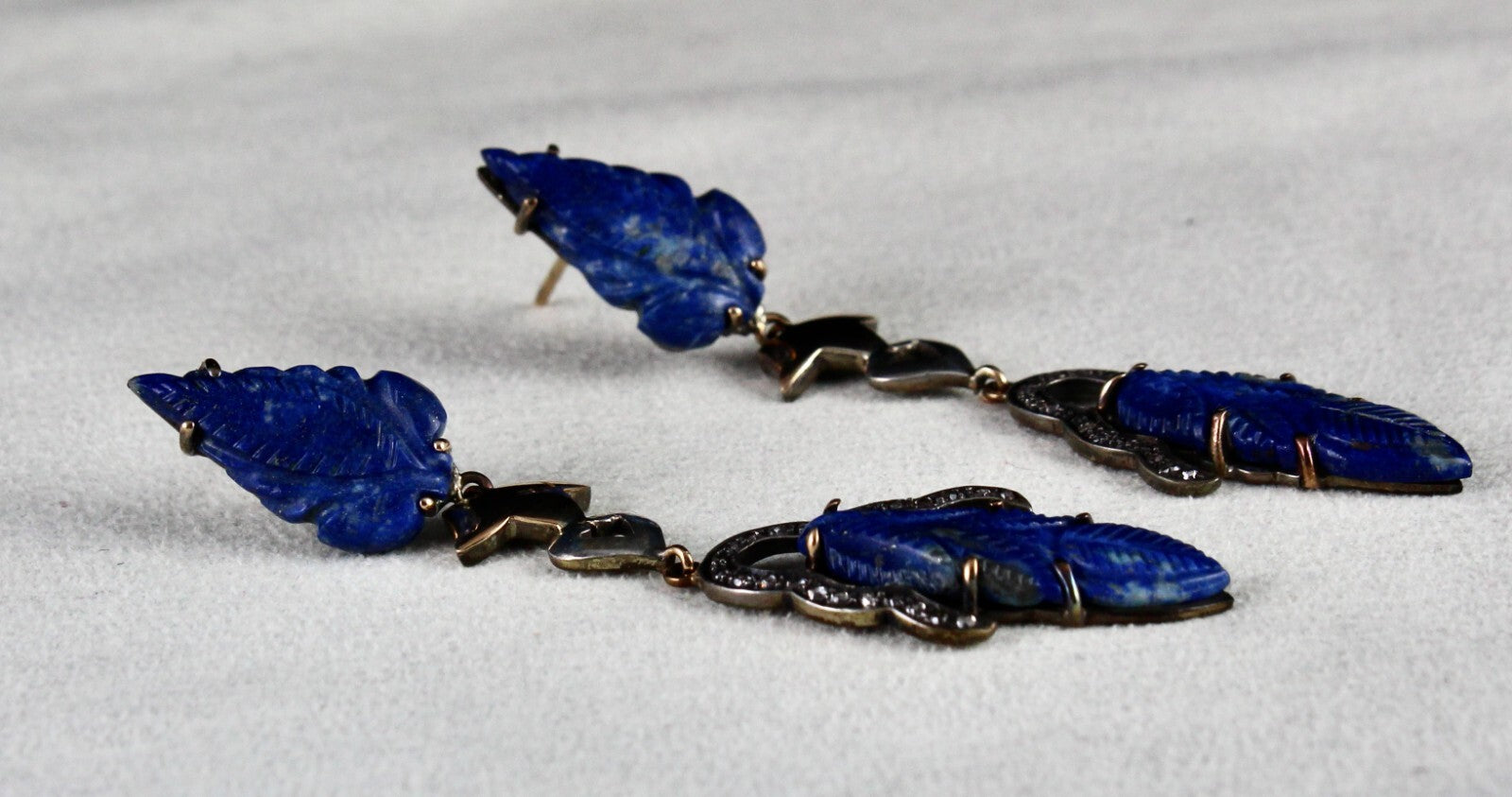 Certified Natural Lapis Lazuli 68ct Leaf Engraved Silver Earring Victorian Style