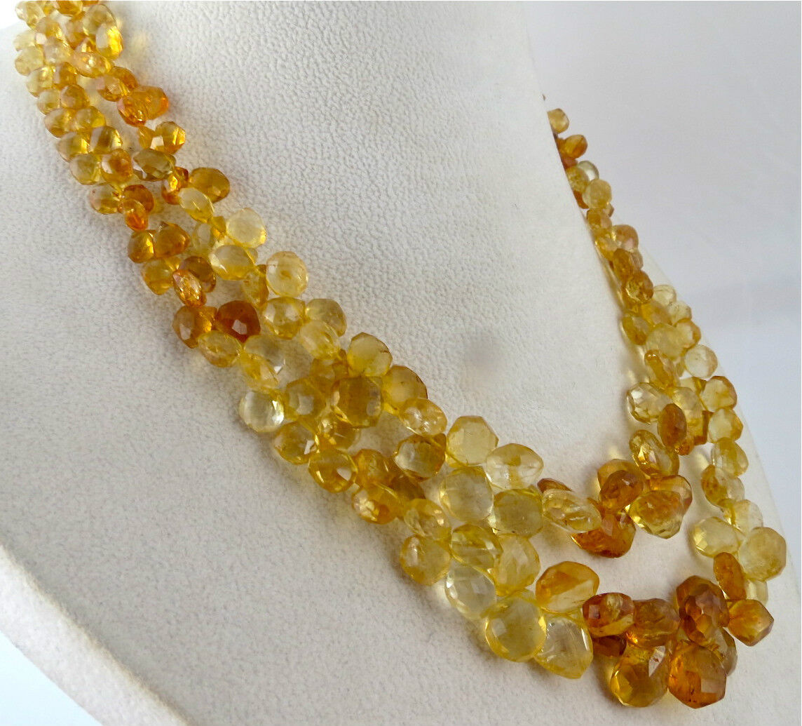 NATURAL CITRINE BEADS HEART DROPS 2 L 424 CARATS GEMSTONE HIGH FASHION NECKLACE