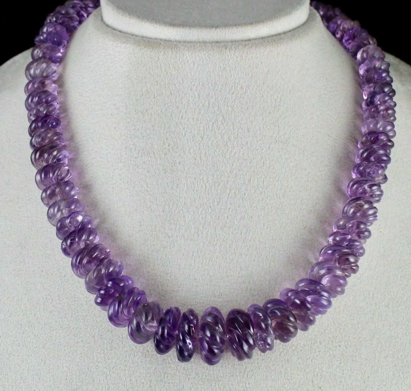 Natural Amethyst Beads Carved Round 703 Ct Gemstone Silver Vintage Necklace