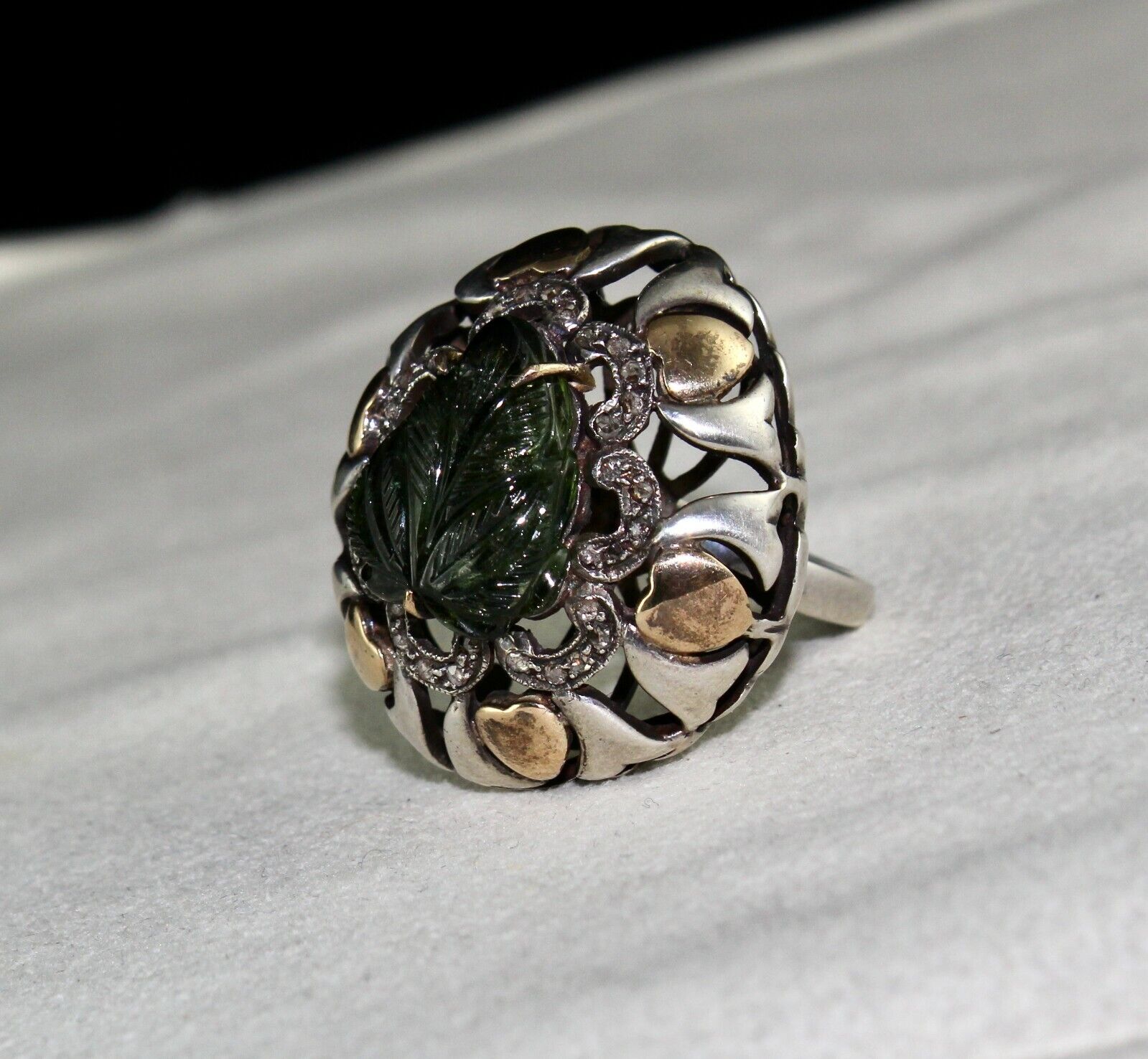 Antique Green Tourmaline Carved Diamond 18k Gold Silver Cocktail Victorian Ring