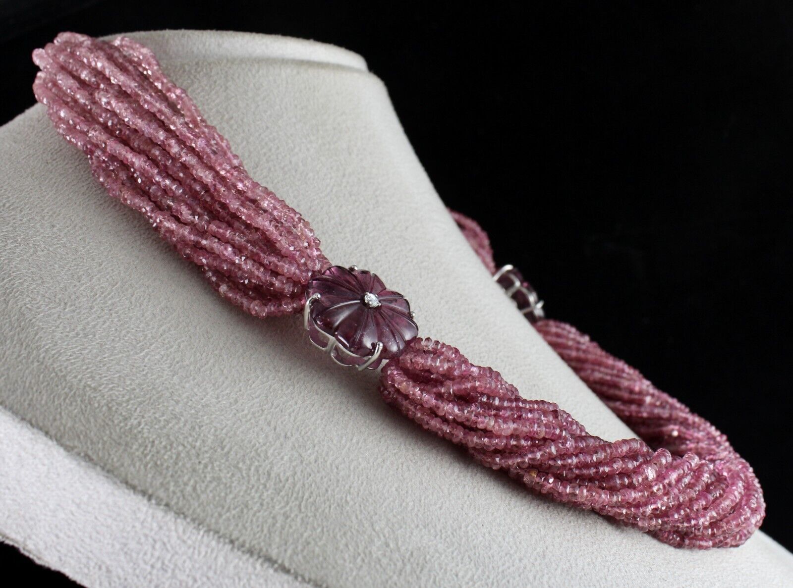 Natural Pink Tourmaline Carved & Beads 878 Ct Stone Diamond Silver Fine Necklace