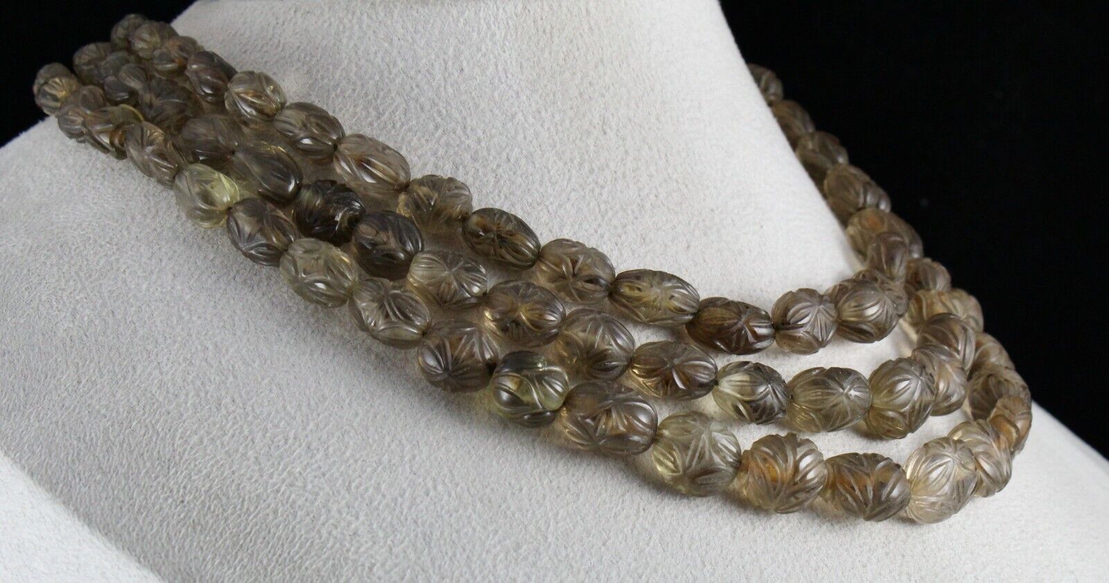 NATURAL SMOKY QUARTZ BEADS CARVED MELON 3 LINE 746 CARATS GEMSTONE NECKLACE