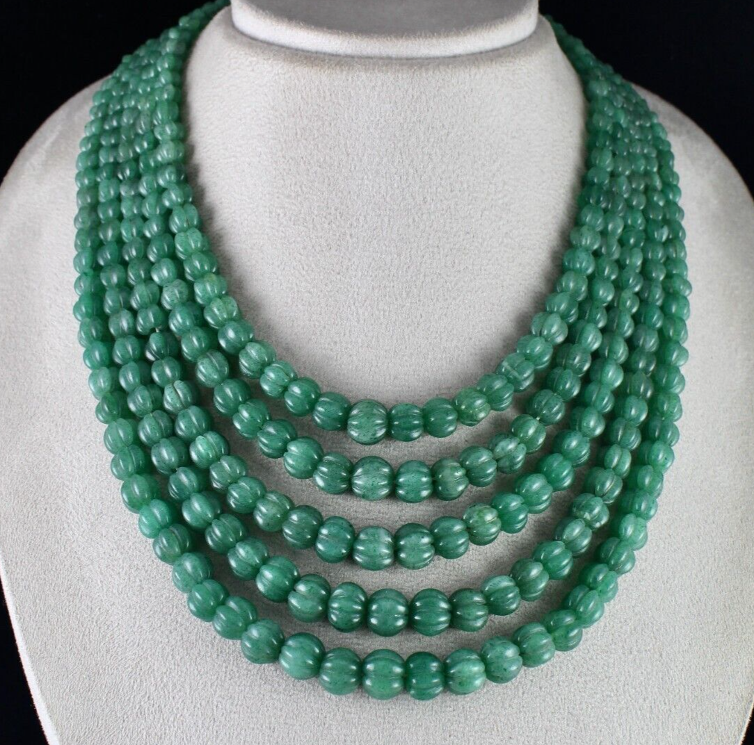Natural Green Quartz Melon Beaded Necklace 1153 Ct 5 Line Old Carved Gemstone
