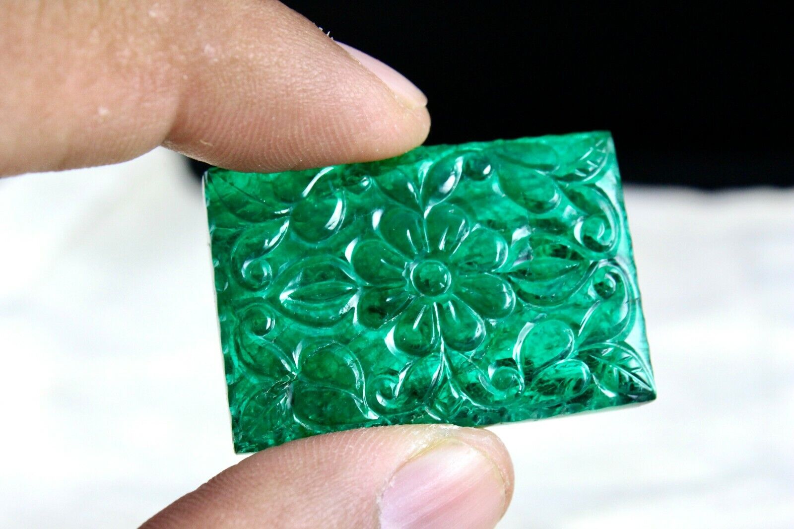 NATURAL ZAMBIAN EMERALD CARVED RECTANGLE 76.67 CARATS 26x38 MM GEMSTONE PENDANT