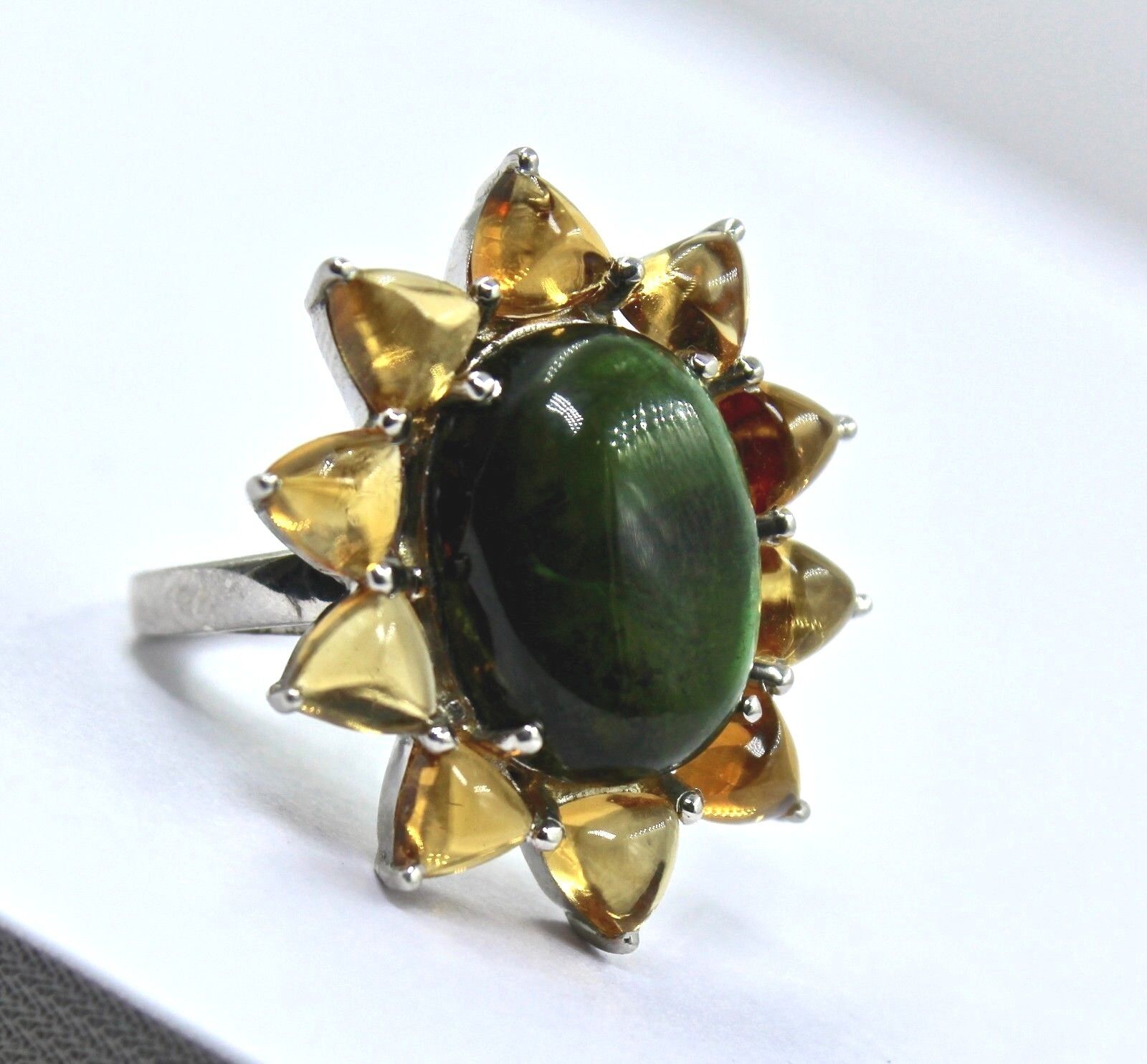 NATURAL GREEN TOURMALINE OVAL YELLOW CITRINE CABOCHON 925 STERLING SILVER RING