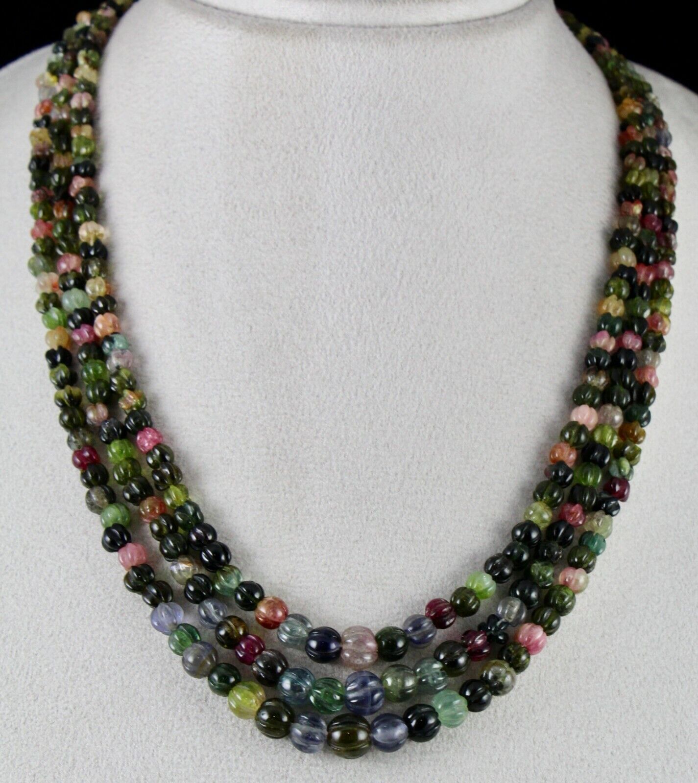 NATURAL MULTI TOURMALINE BEADS CARVED MELON 3 LINE 390 CARATS GEMSTONE NECKLACE