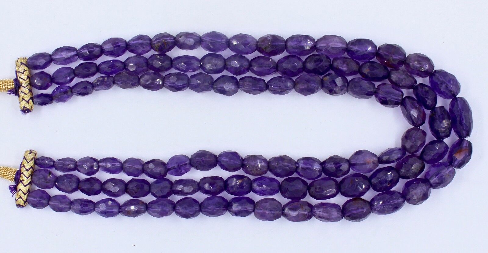 NATURAL AMETHYST BEADS FACETED OVAL CABOCHON 3 LINE 712 CTS GEMSTONE NECKLACE